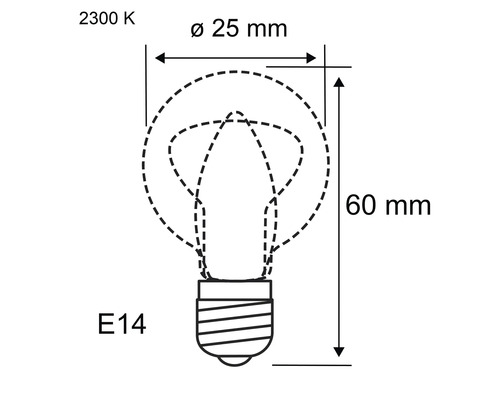 Technische Zeichnung einer E14 Glühbirne mit den Maßen 25 Millimeter Durchmesser und 60 Millimeter Höhe, 2300 Kelvin