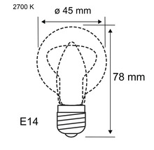 Technische Zeichnung einer E14 Glühbirne mit den Maßen 45 mm Durchmesser und 78 mm Länge