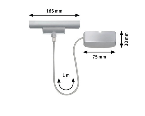Abbildung der Maße einer Möbelleuchte: 165 mm breit, 30 mm hoch, 75 mm tief, 1 Meter Kabellänge