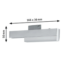 Applique murale couleur chrome avec dimensions 166 x 36 millimètres et 50 millimètres de hauteur.