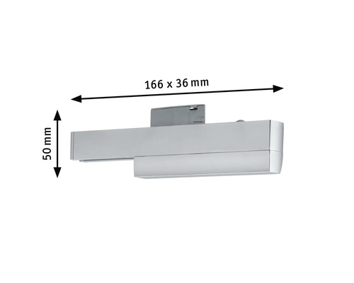 Chromfarbene Wandleuchte mit Maßangaben 166 x 36 Millimeter und 50 Millimeter Höhe.