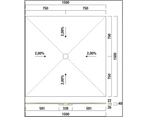 Schéma technique d'un receveur de douche avec dimensions