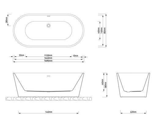 Technische Zeichnung einer freistehenden Badewanne mit Maßangaben