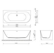 Technische Zeichnung einer Badewanne mit Maßen