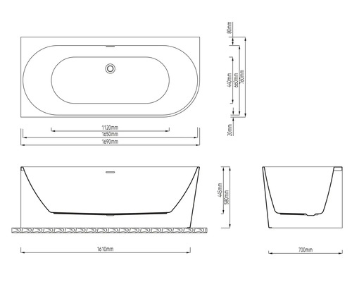 Technische Zeichnung einer Badewanne mit Maßen