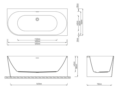 Technische Zeichnung einer Badewanne mit Maßangaben