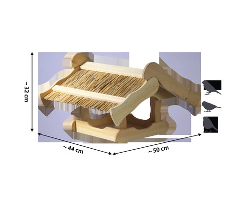 Vogelhaus aus Holz mit Strohdach und Größenangaben