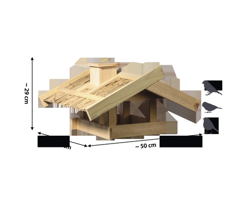 Vogelhaus aus Holz mit Dach und Maßangaben