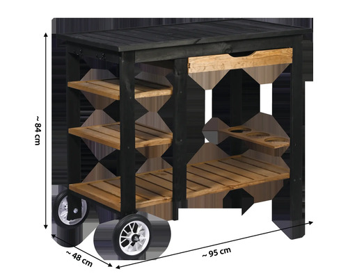 Chariot de service en bois avec tiroir et étagères