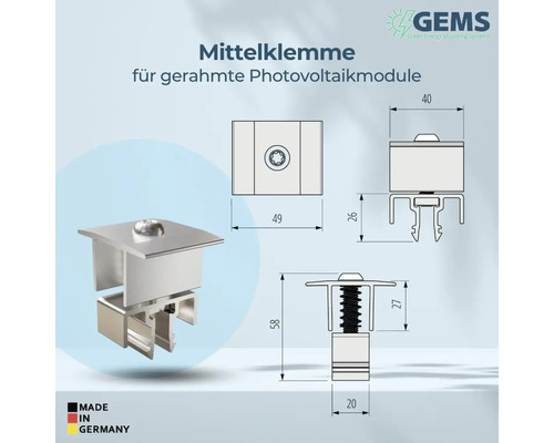 Mittelklemme für gerahmte Photovoltaikmodule mit Maßangaben