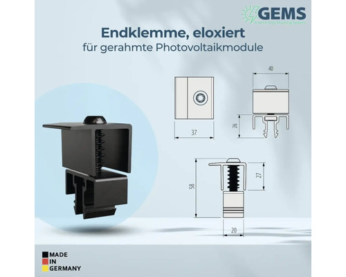Endklemme, eloxiert, für gerahmte Photovoltaikmodule, mit Maßangaben