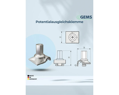 Potentialausgleichsklemme mit Maßangaben und Made in Germany Siegel