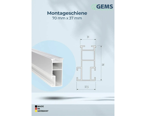 Montageschiene, 70 mm x 37 mm, mit Maßangaben und Made in Germany Siegel