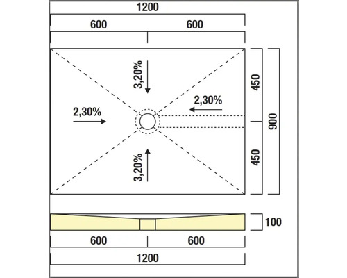 Dessin technique d'un receveur de douche avec dimensions