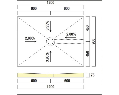 Dessin technique d'un receveur de douche avec dimensions