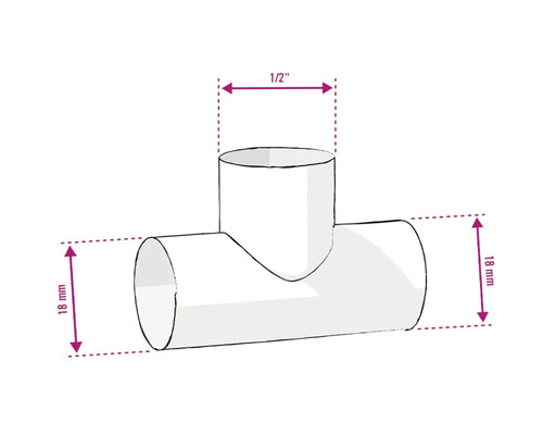 Raccord en T avec indications de taille 18 mm et 1/2 pouce