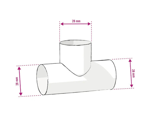 Illustration eines weißen T-Stücks mit 28 Millimeter Durchmesser
