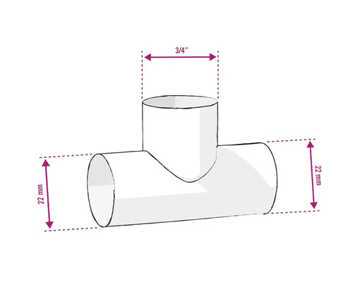 Raccord en té avec des dimensions de 22 millimètres et 3/4 pouce