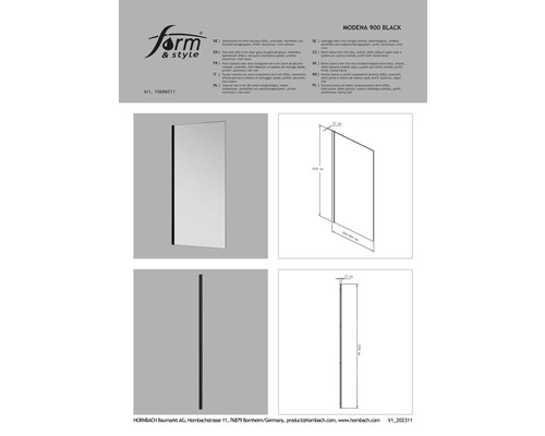 Modena 900 Black Seitenwand mit 6 Millimeter Klarglas, reversibel und Schnellmontagesystem, Profil aus Aluminium, schwarz matt