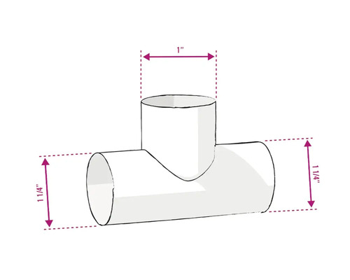 Illustration d''un raccord en té avec des dimensions de 1 pouce et 1 1/4 pouce.