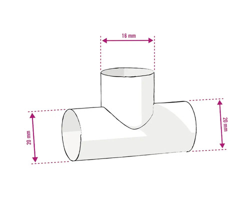 Raccord en T avec des dimensions de 16 mm et 20 mm.