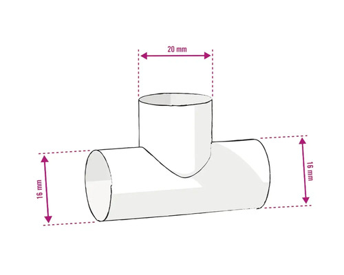 Illustration d''un raccord en T avec des dimensions de 16 mm et 20 mm.