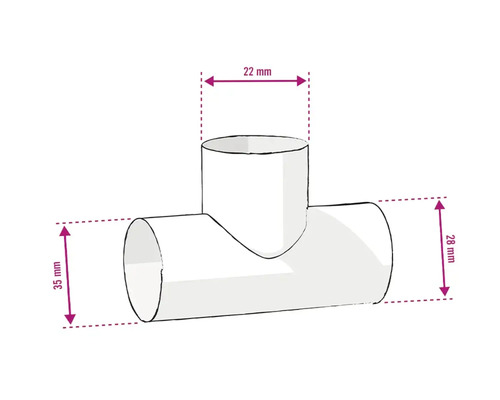 Image d''un té avec des dimensions de 22 mm, 28 mm et 35 mm.