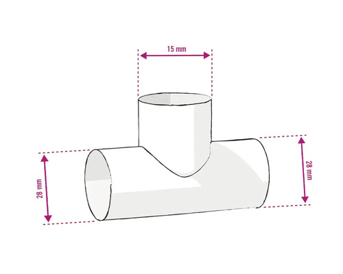 Abbildung eines T-Stücks mit Maßangaben von 15 mm und 28 mm
