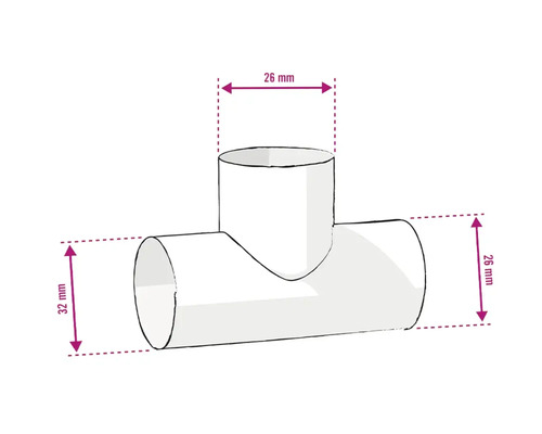 Illustration d''un raccord en T pour tuyau avec les dimensions 26 mm et 32 mm.