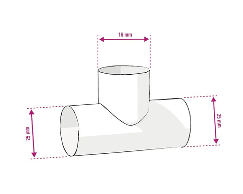 Raccord en T avec des dimensions de 16 mm et 25 mm