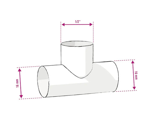 T-Stück mit Abmessungen 16 mm und 1/2 Zoll