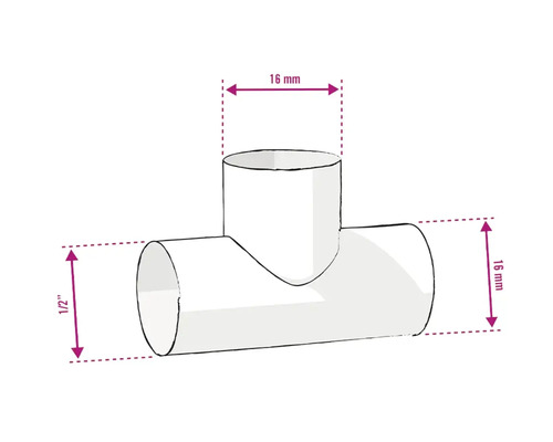 Illustration d''un raccord en T avec des dimensions de 16 mm et 1/2 pouce