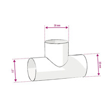 Dessin technique d''un té avec des dimensions de 20 mm et 1/2 pouce
