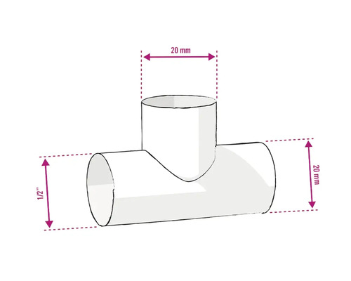 Technische Zeichnung eines T-Stücks mit den Maßen 20 mm und 1/2 Zoll