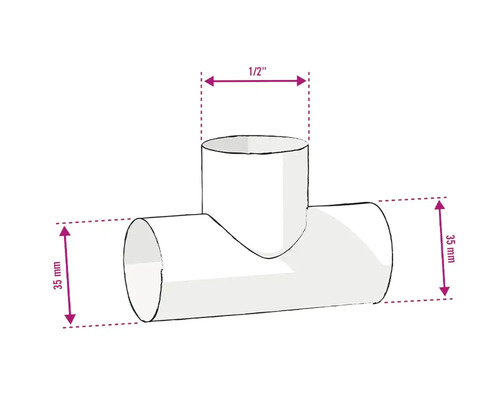 T-Stück Rohrverbinder mit Größenangaben 35 mm und 1/2 Zoll