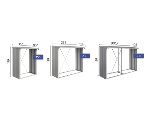 Abbildung verschiedener Gerätehausgrößen mit Maßangaben