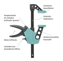 Serre-joint une main Wolfcraft avec surface de serrage caoutchoutée et rail en acier trempé