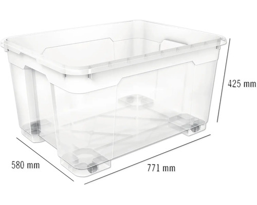 Boîte de rangement en plastique avec couvercle et roulettes, dimensions 771 x 580 x 425 millimètres