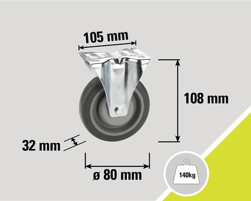 Rollenmaße: 105 mm x 108 mm, Raddurchmesser 80 mm, Radbreite 32 mm, Tragkraft 140 kg