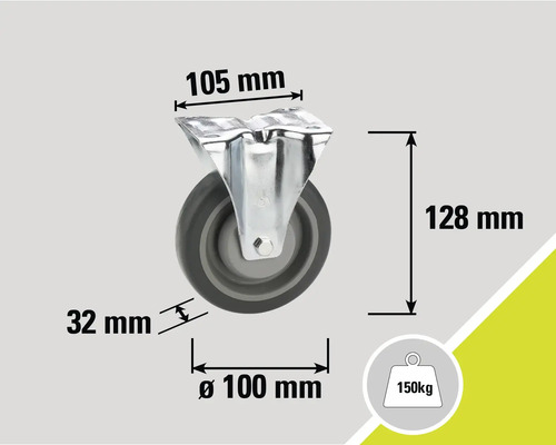 Lenkrolle mit den Maßen 105 mm, 128 mm, 32 mm und Durchmesser 100 mm, Traglast 150 kg