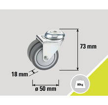 Lenkrolle mit den Maßen 73 mm Höhe, 50 mm Durchmesser und 18 mm Radbreite, Traglast bis 80 kg