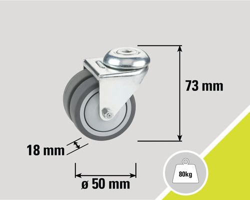 Lenkrolle mit den Maßen 73 mm Höhe, 50 mm Durchmesser und 18 mm Radbreite, Traglast bis 80 kg