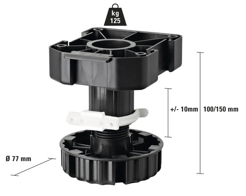 Pied de meuble en plastique, diamètre 77 millimètres, hauteur 100 à 150 millimètres, capacité de charge 125 kilogrammes