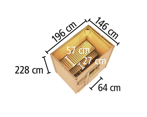 Außenansicht einer Gartensauna mit Maßangaben.