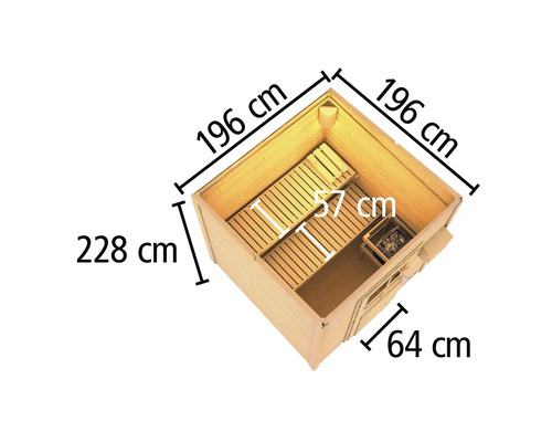 Illustration einer Sauna mit den Maßen 196 x 196 x 228 cm und einer Türbreite von 64 cm
