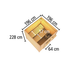 Vue de dessus d''un sauna avec dimensions : 196 cm de largeur, 228 cm de hauteur et 64 cm de profondeur.
