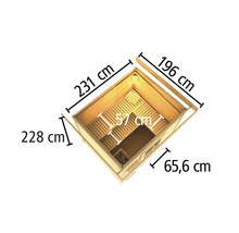 Dimensions d''un sauna en bois avec détails sur la longueur, la largeur et la hauteur.