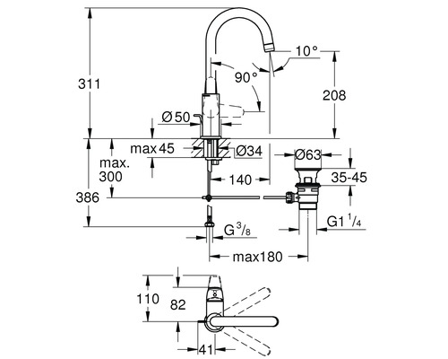 Dessin technique d'un robinet avec dimensions.
