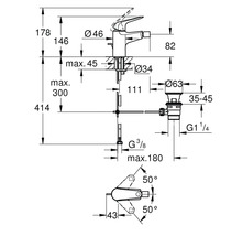 Masszeichnung eines Wasserhahns mit allen Massen