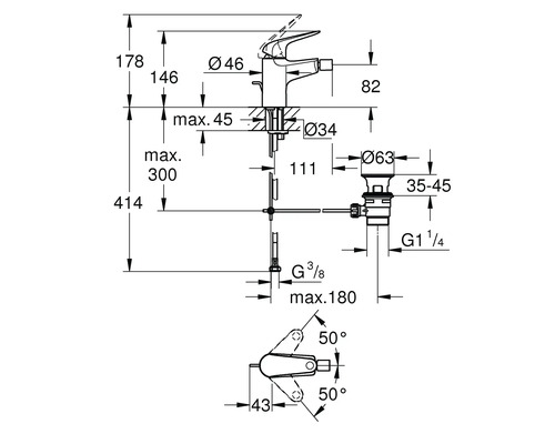 Masszeichnung eines Wasserhahns mit allen Massen